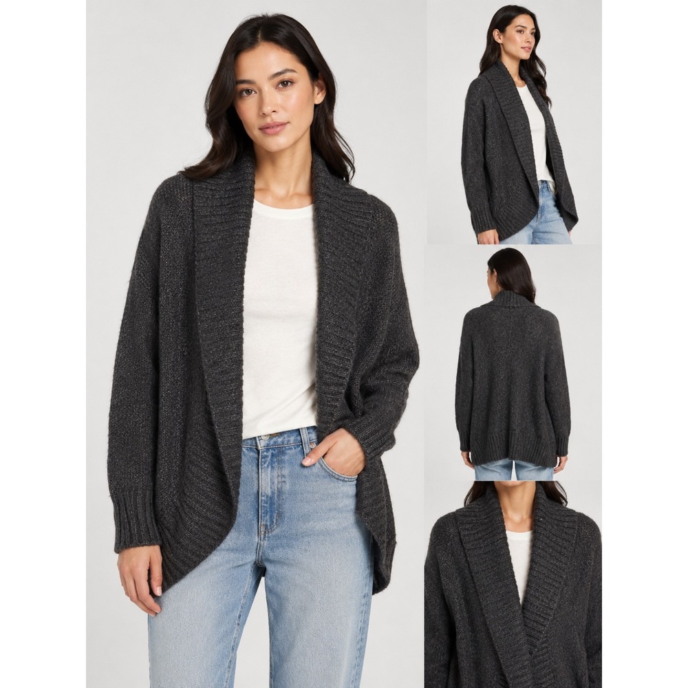 Vince Charcoal Gray Open-Front Ribbed Shawl Cardigan